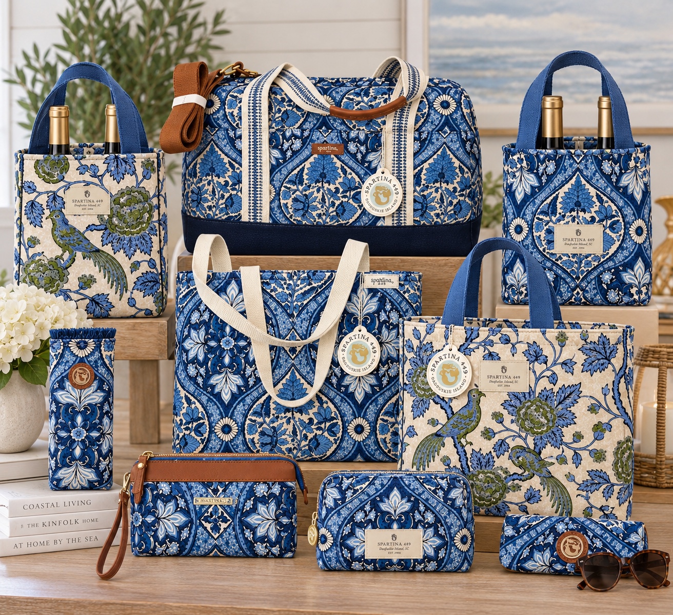 Blue and white handbags displayed in our store